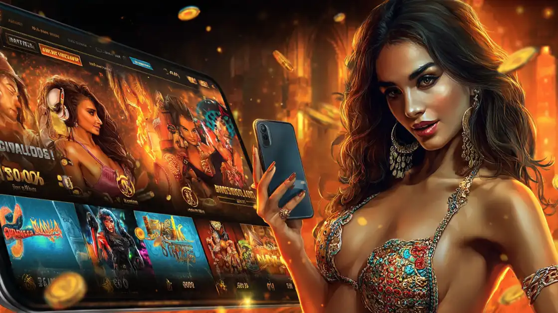 woman in a detailed dress holding a phone in front of a casino game selection screen