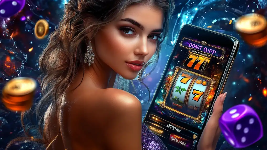 smiling woman holding a phone with golden slot reels