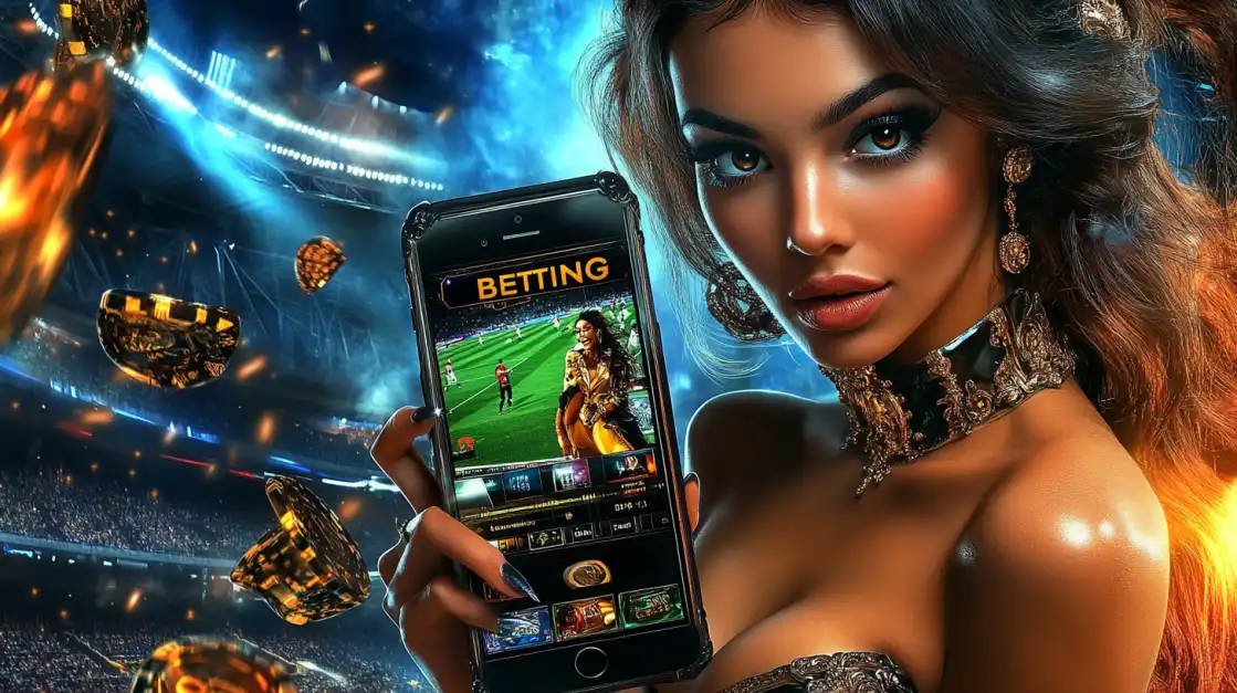 woman showing a betting app in a stadium with bright lights