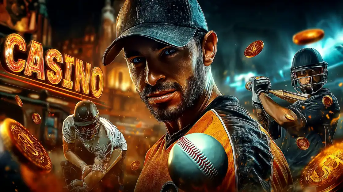 baseball and American football players in front of a lit-up casino