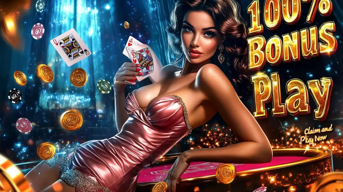 elegant woman with playing cards and floating coins