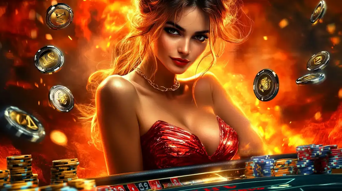 woman in a red dress at a gaming table surrounded by flames