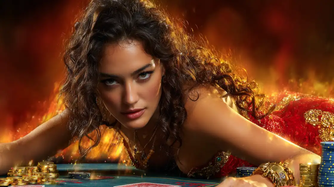 woman in a red dress at a poker table with flames in the background