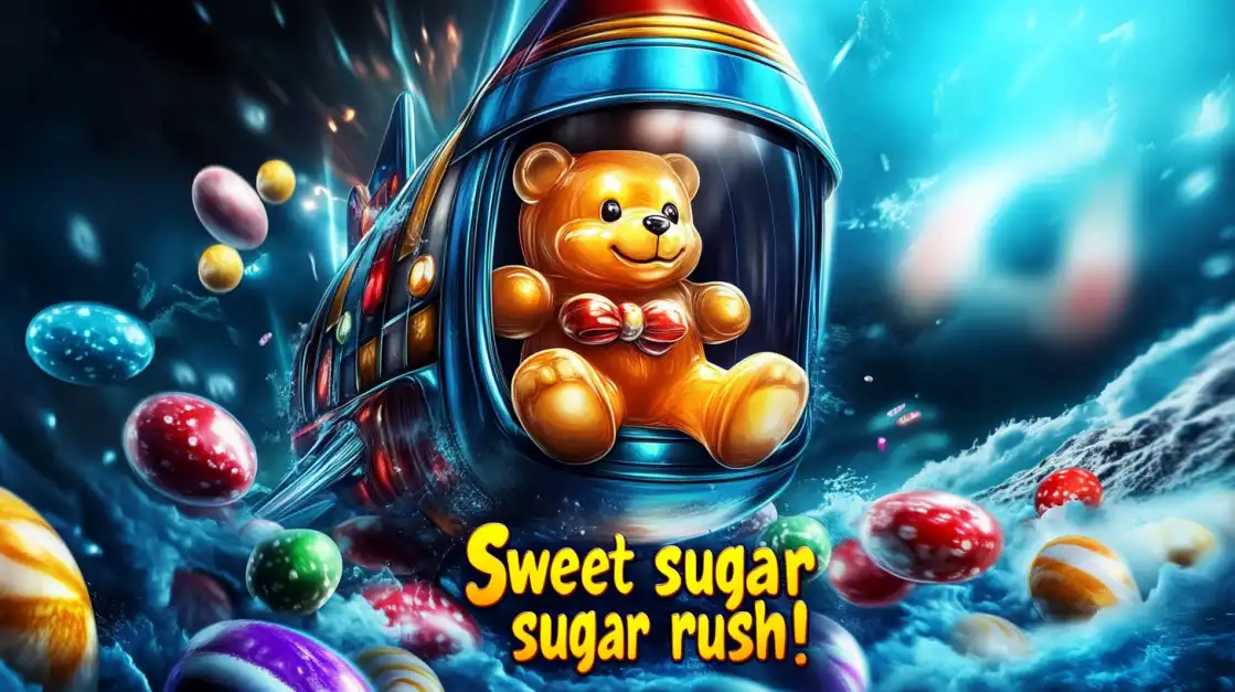 gummy bear in a rocket surrounded by colorful candies