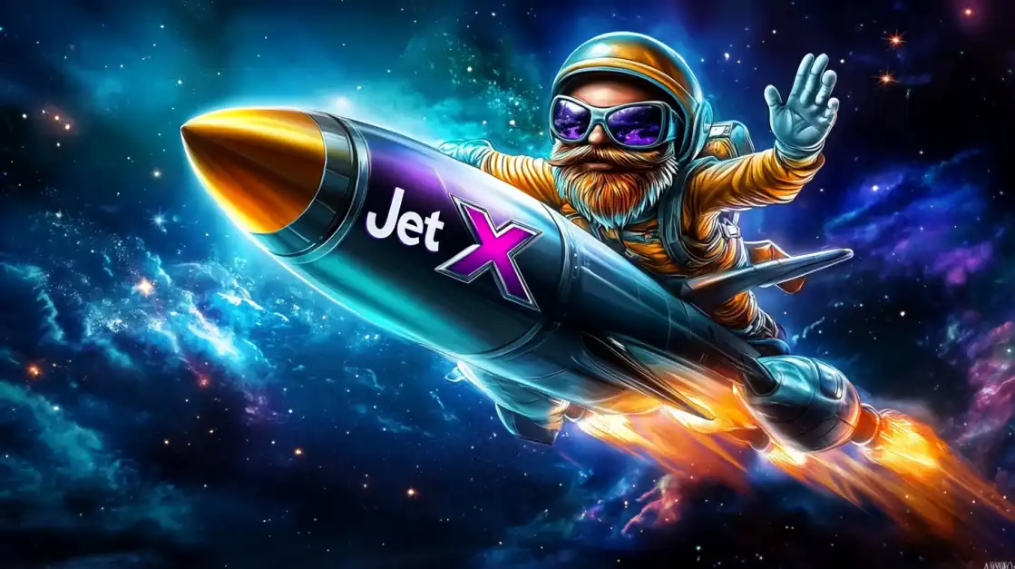 bearded pilot flying on a JetX rocket in space