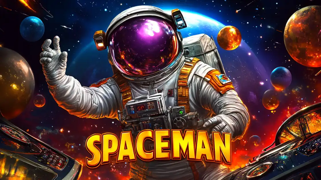 astronaut waving in space with planets in the background