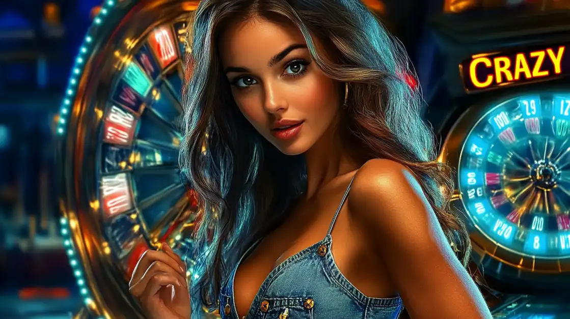 woman in a denim dress in front of a Crazy Time roulette wheel