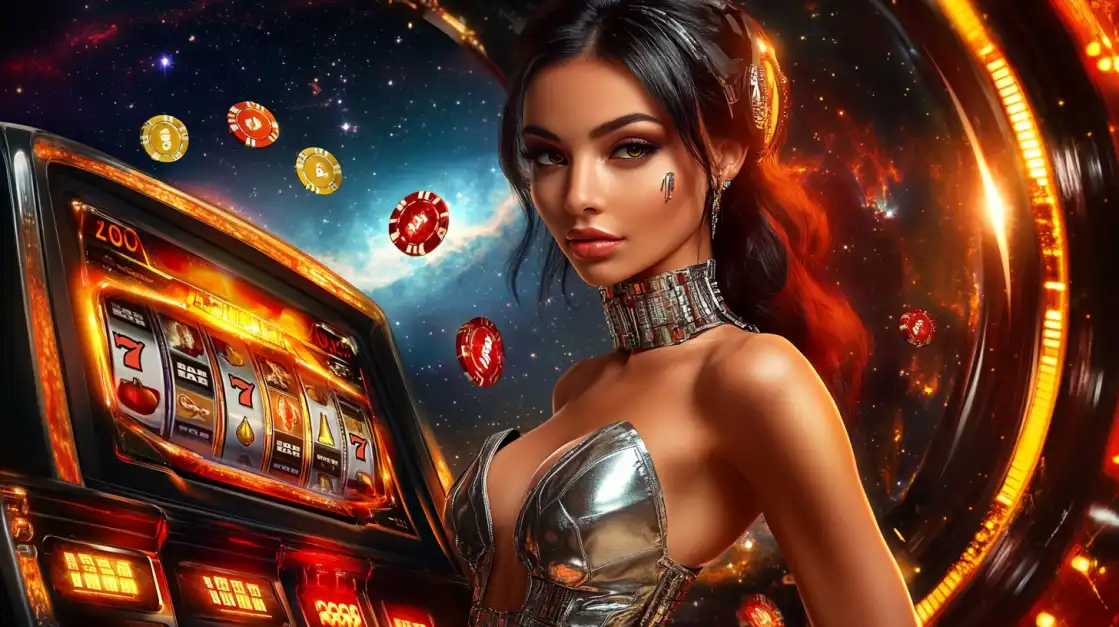futuristic woman next to a slot machine in space
