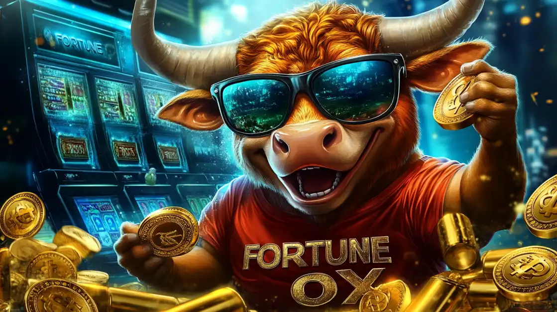 excited bull wearing sunglasses holding coins in a casino