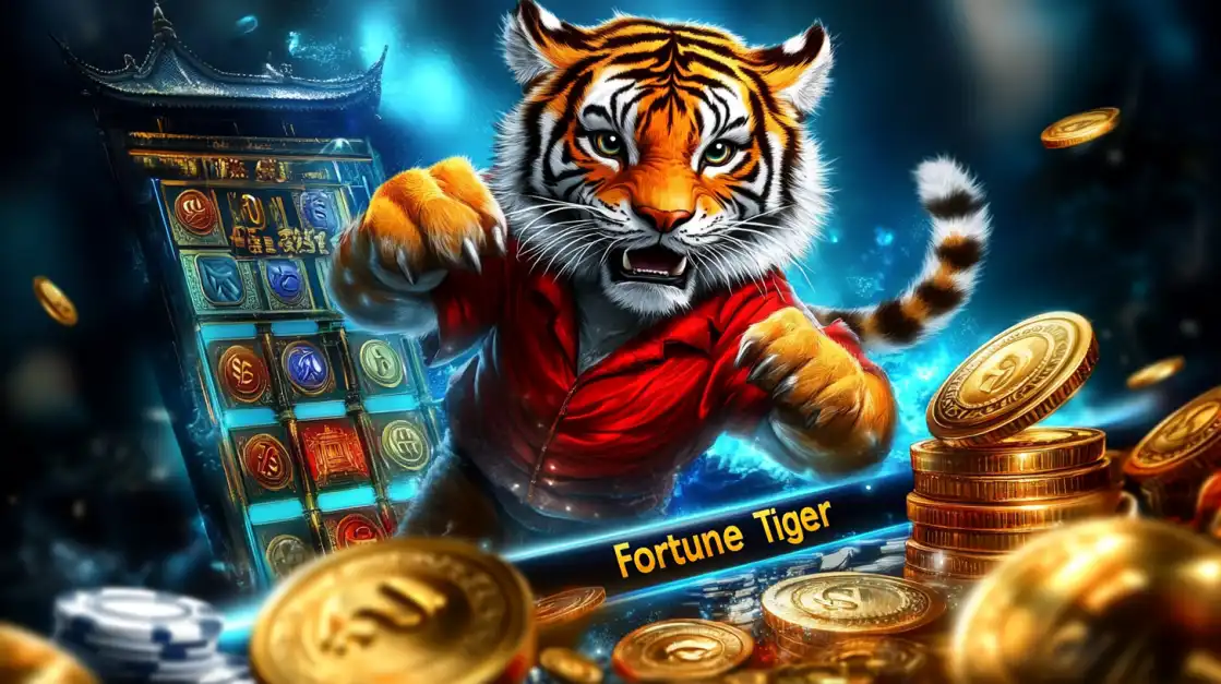 tiger wearing a red shirt with gold coins and slot machines
