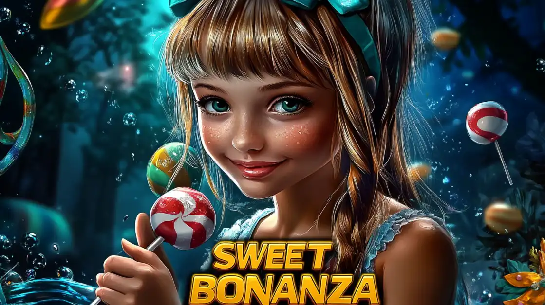 girl with a lollipop among sweets and a magical setting